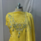 Regal Glow: Mustard Tissue Crepe Ensemble with Zardozi & Pearl Appliqué