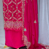 Hot Pink Georgette Organza Hand-Embroidered Suit with Beaded Dupatta