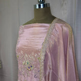 Onion Pink Hand-Embroidered Tissue Crepe Unstitched Suit
