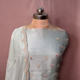 Ice Blue Hand-Embroidered Tissue Crepe Suit with Tissue Georgette Dupatta