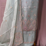 Ice Blue Hand-Embroidered Tissue Crepe Suit with Tissue Georgette Dupatta