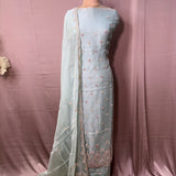 Ice Blue Hand-Embroidered Tissue Crepe Suit with Tissue Georgette Dupatta