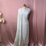 Ice Blue Hand-Embroidered Tissue Crepe Suit with Tissue Georgette Dupatta