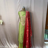 Green Chanderi Printed Unstitched Suit with Contrast Red Banarasi Dupatta