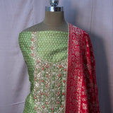 Green Chanderi Printed Unstitched Suit with Contrast Red Banarasi Dupatta