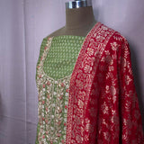 Green Chanderi Printed Unstitched Suit with Contrast Red Banarasi Dupatta