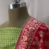 Green Chanderi Printed Unstitched Suit with Contrast Red Banarasi Dupatta