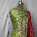 Green Chanderi Printed Unstitched Suit with Contrast Red Banarasi Dupatta