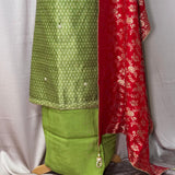 Green Chanderi Printed Unstitched Suit with Contrast Red Banarasi Dupatta