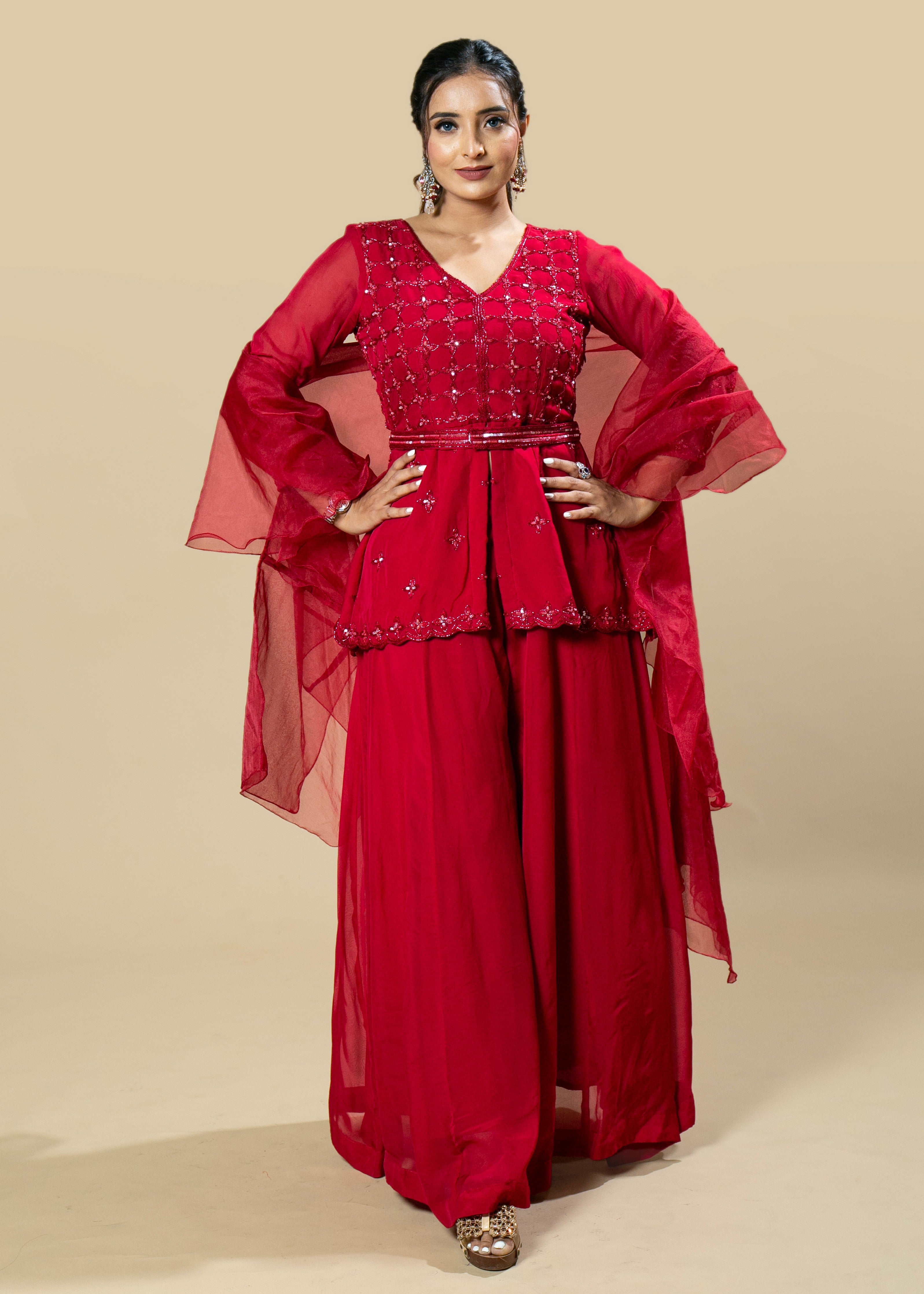 Red Georgette Organza Hand Embroidered Peplum Dress Set House of Fakir Chand Red Georgette Organza Hand Embroidered Peplum Dress Set House of Fakir Chand