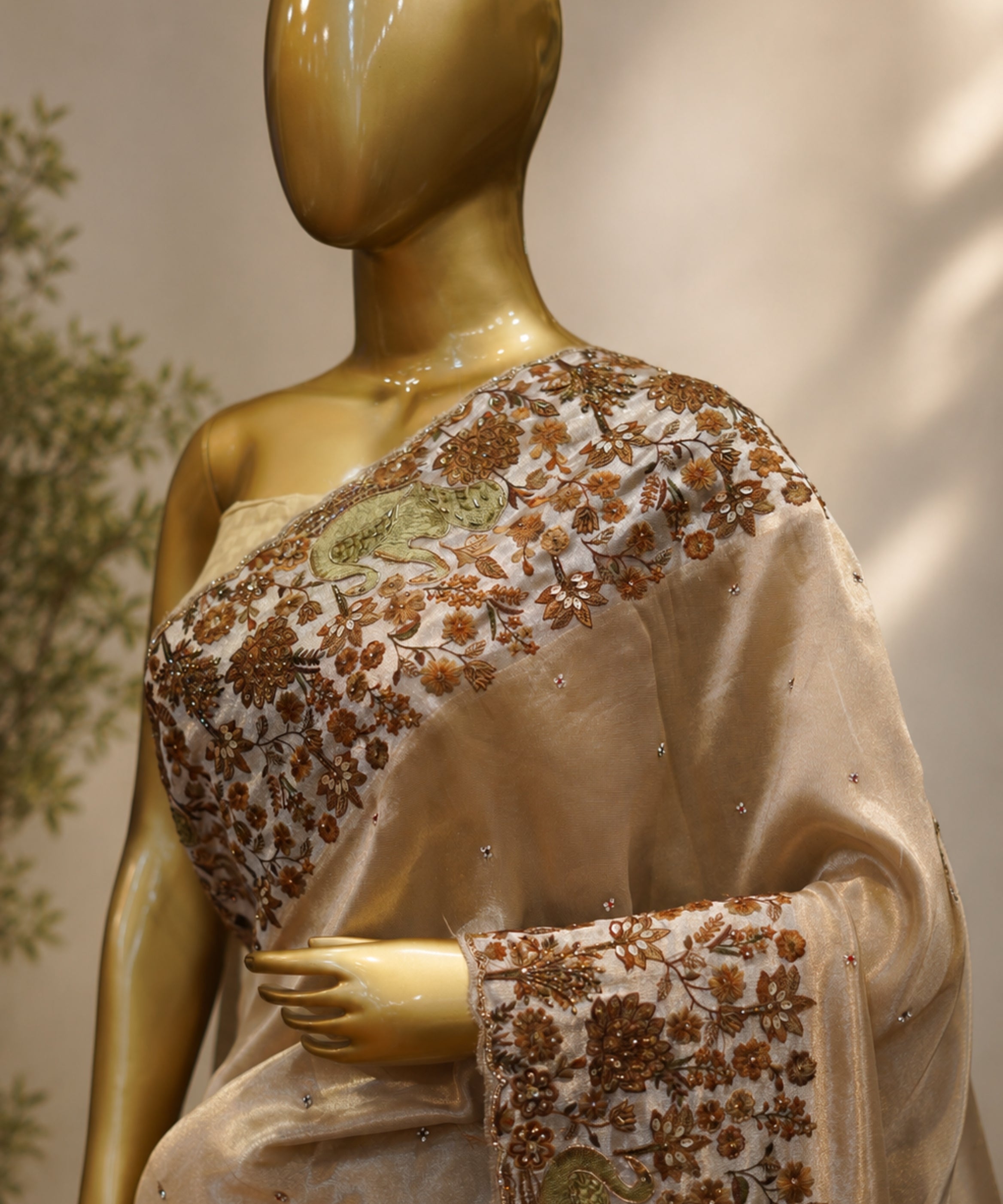 Silver Gold Hand-Embroidered Tissue Silk Ensemble