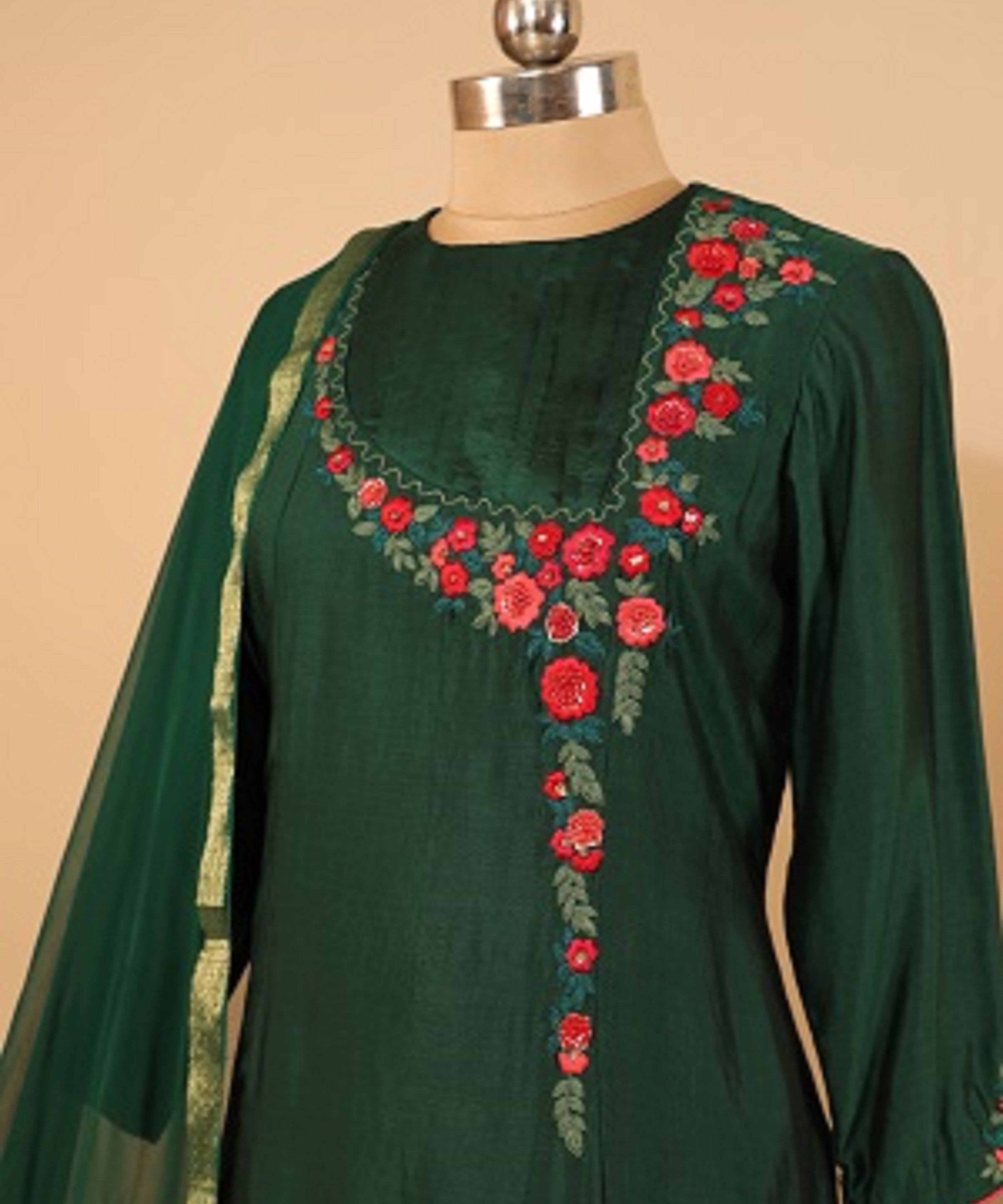 Pure Silk Dark Green Hand Embroidered Suit Dupatta