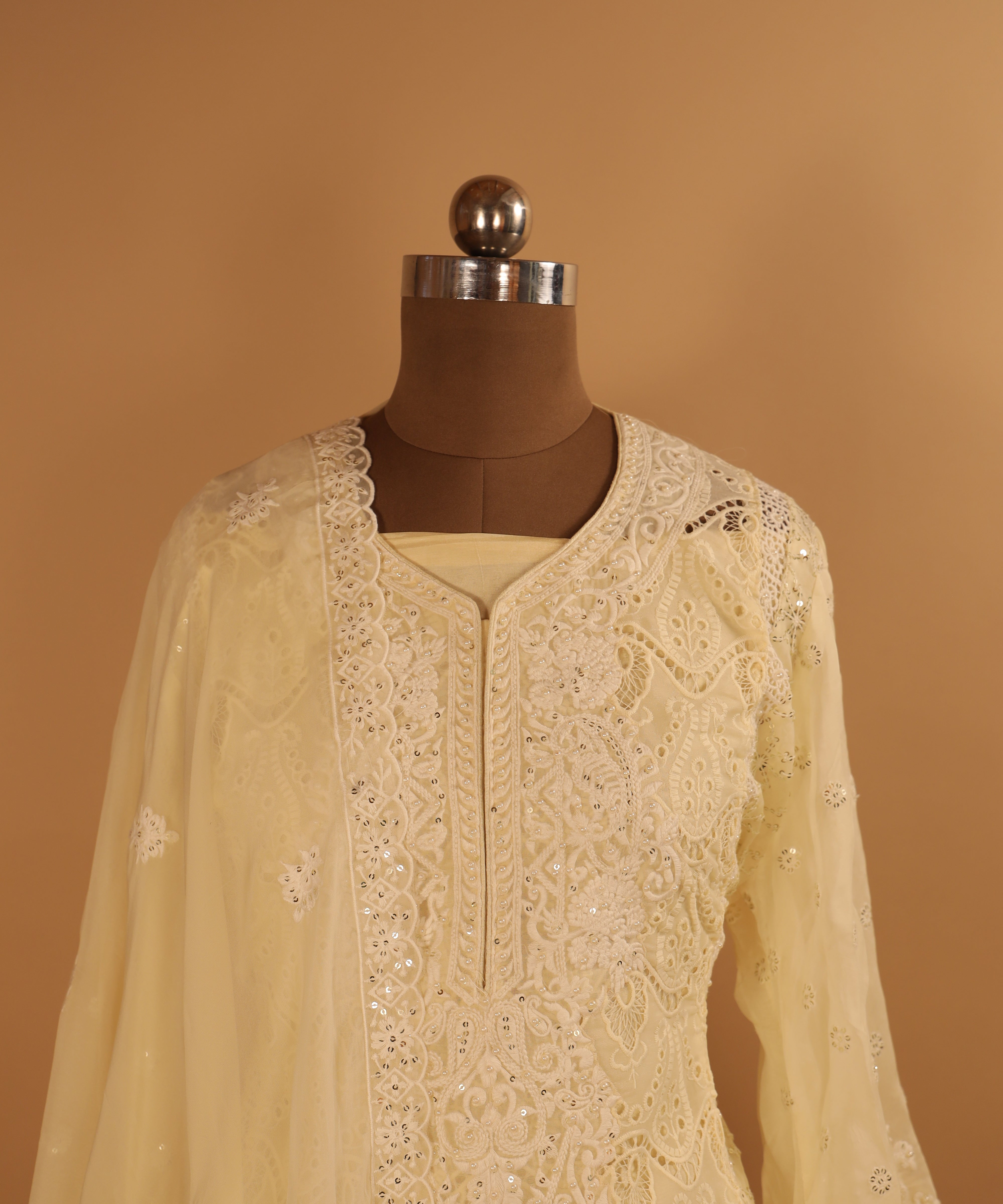 Designer  Cream Embroidered Cutwork Organza Suit Dupatta