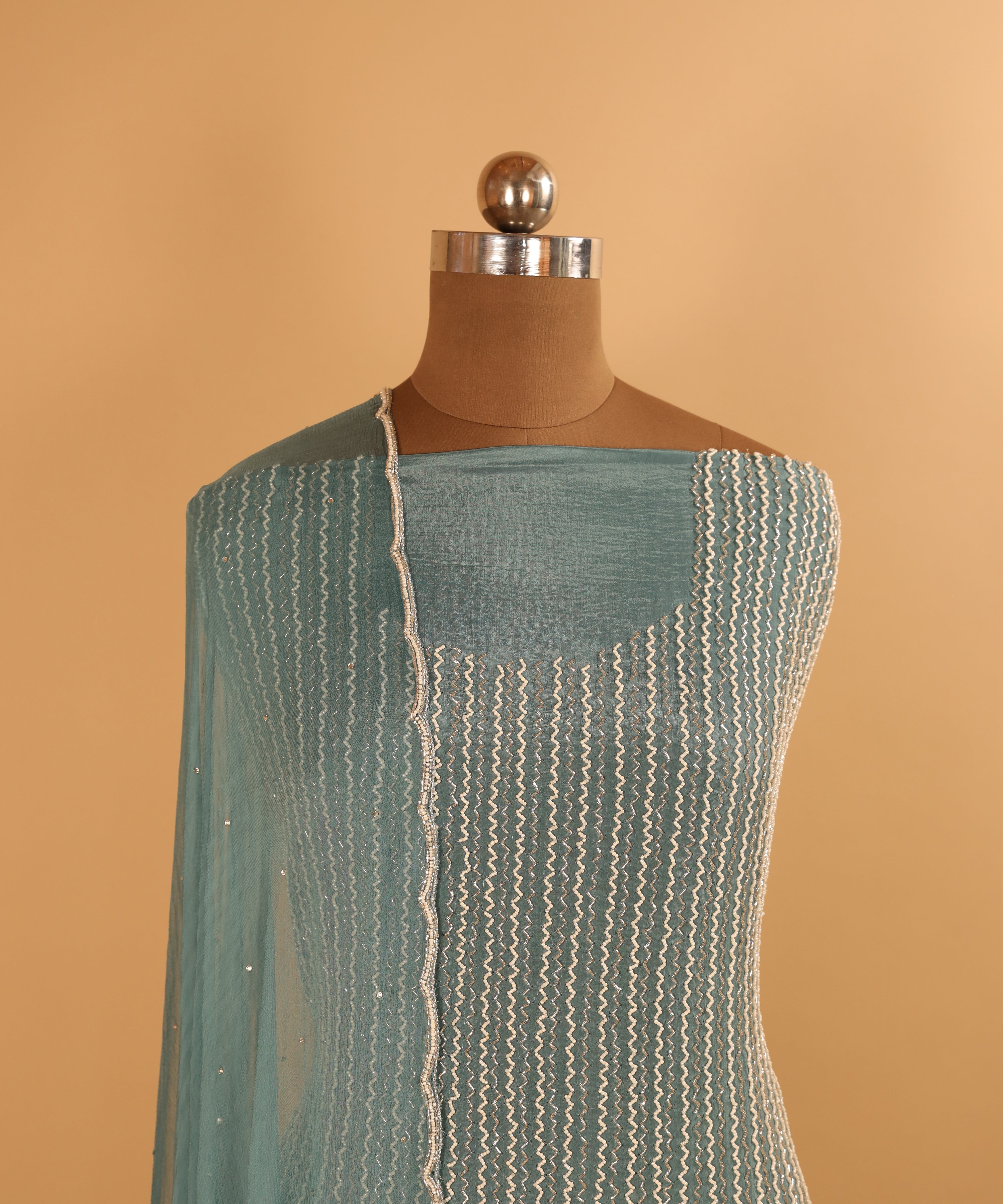Hand Embroidered chinnon Blueish Grey Suit Dupatta