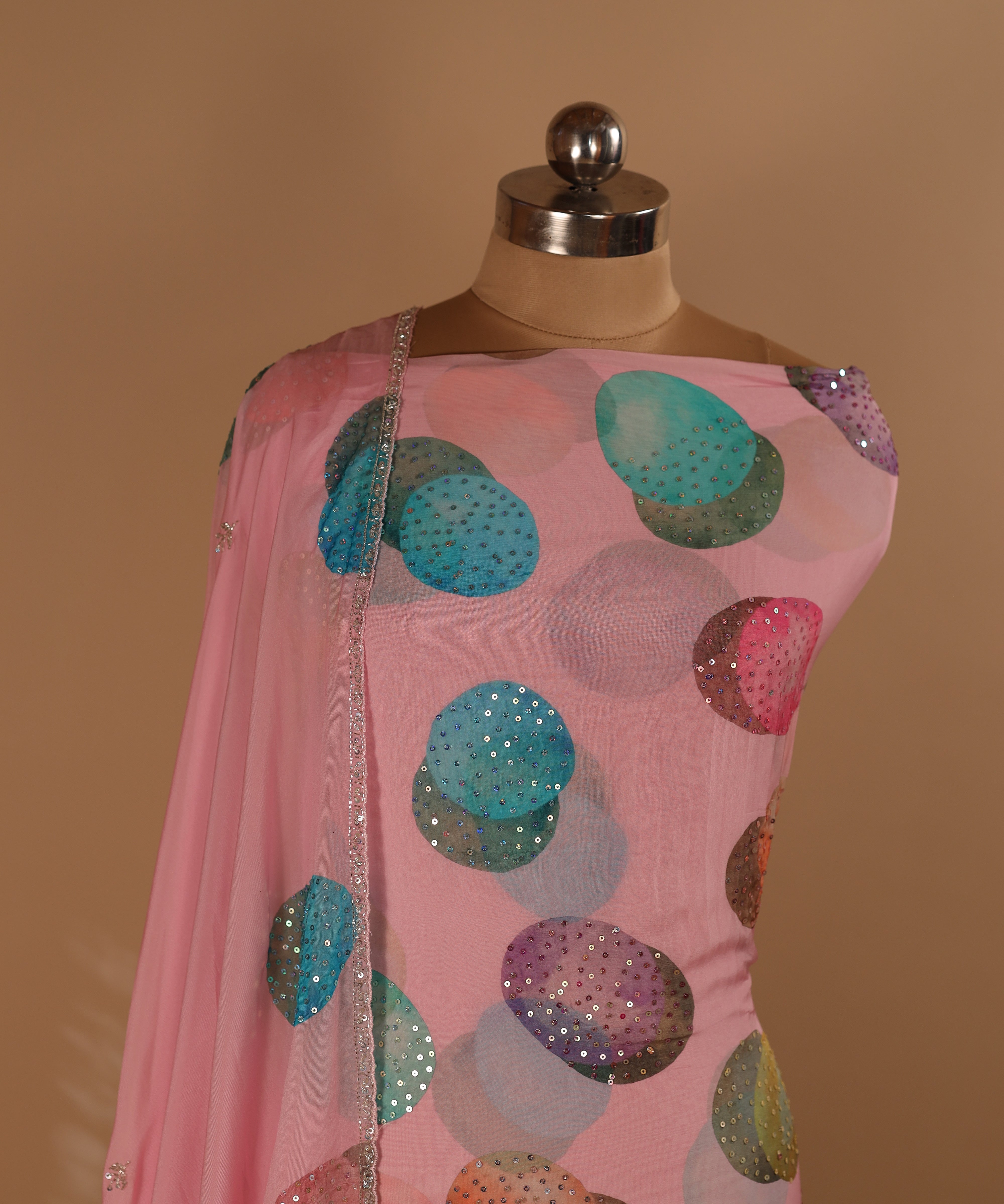 Designer Hand Embroidered Pink Organza Georgette Suit Dupatta