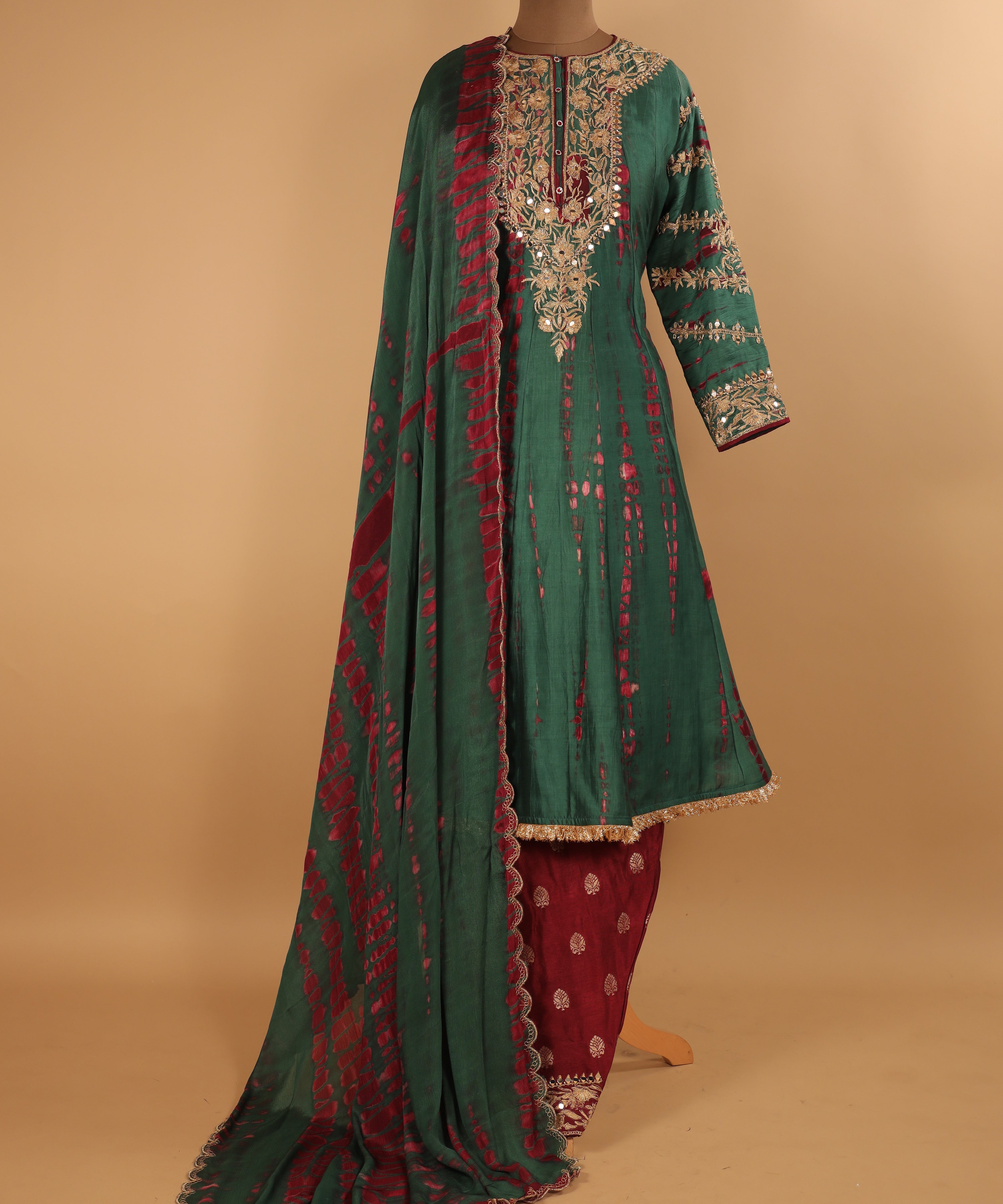 Pure Silk Tie-Dye Dori and Mirror Work short Anarkali Salwar Suit Dupatta