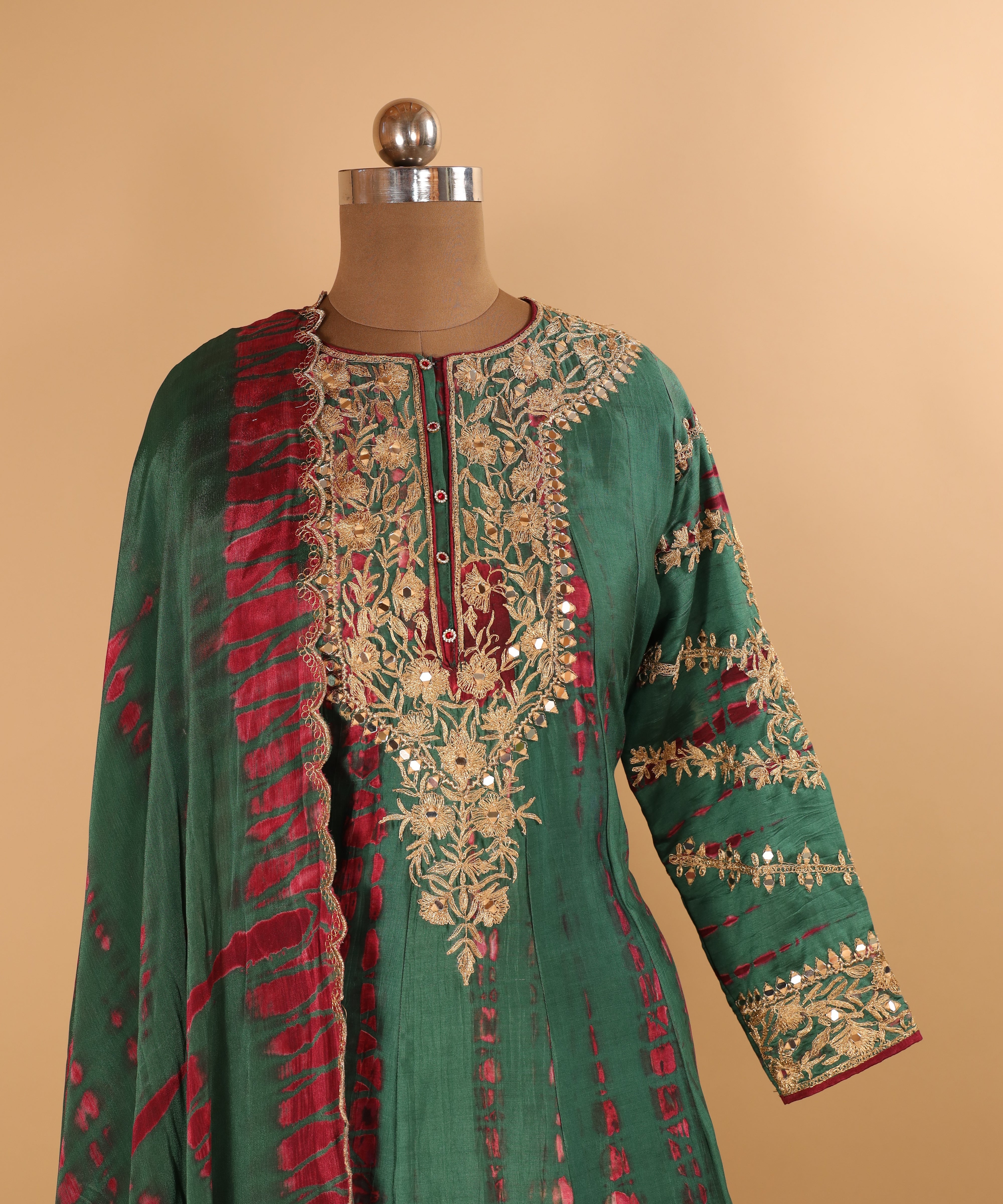 Pure Silk Tie-Dye Dori and Mirror Work short Anarkali Salwar Suit Dupatta