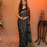 Black Hand Block Printed Gajji Silk Unstitched Blouse