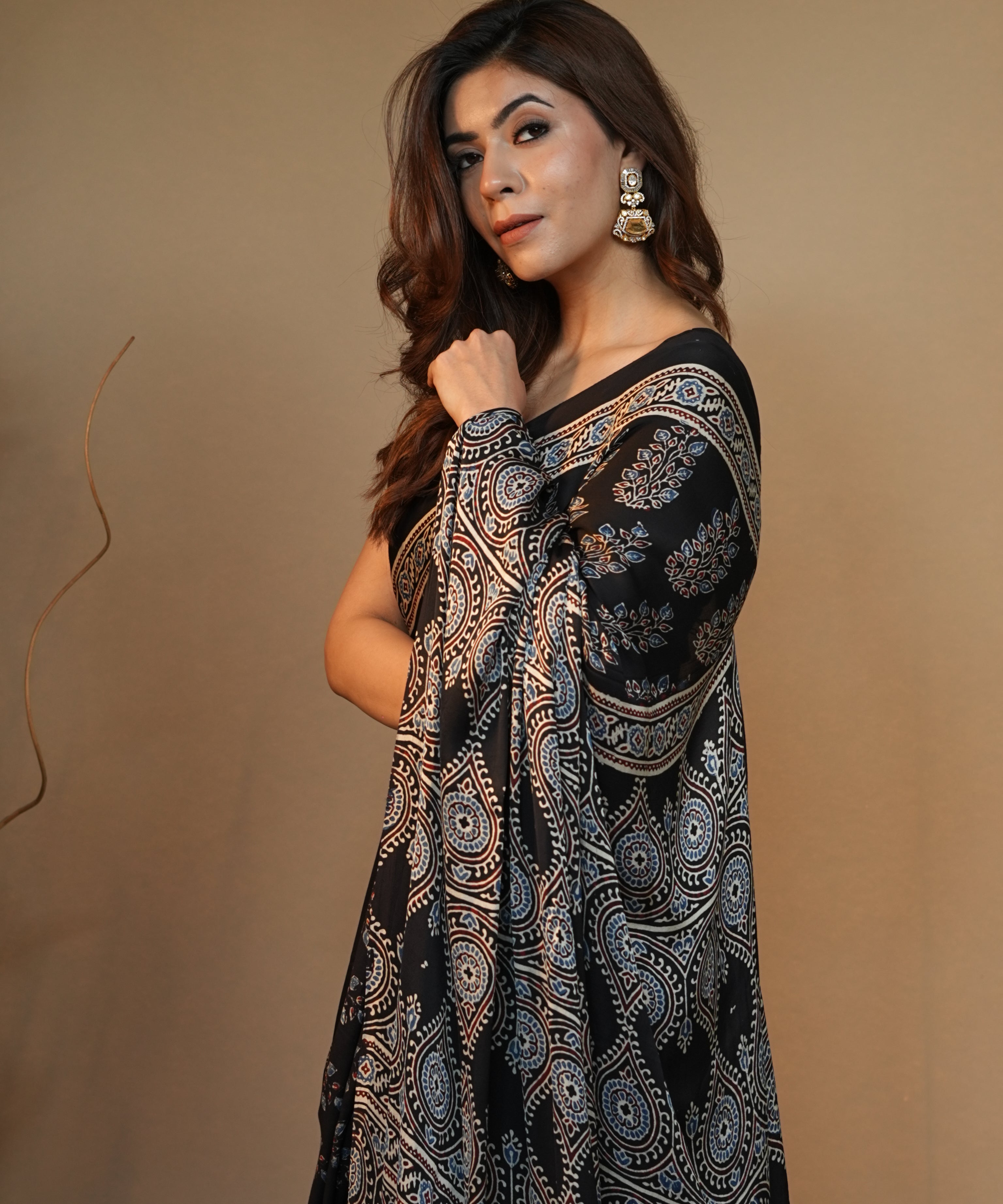 Black Hand Block Printed Gajji Silk Unstitched Blouse