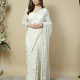 Pearl White Net Saree with Hand Embroidery & Stitched Blouse
