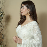 Pearl White Net Saree with Hand Embroidery & Stitched Blouse