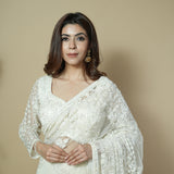 Pearl White Net Saree with Hand Embroidery & Stitched Blouse