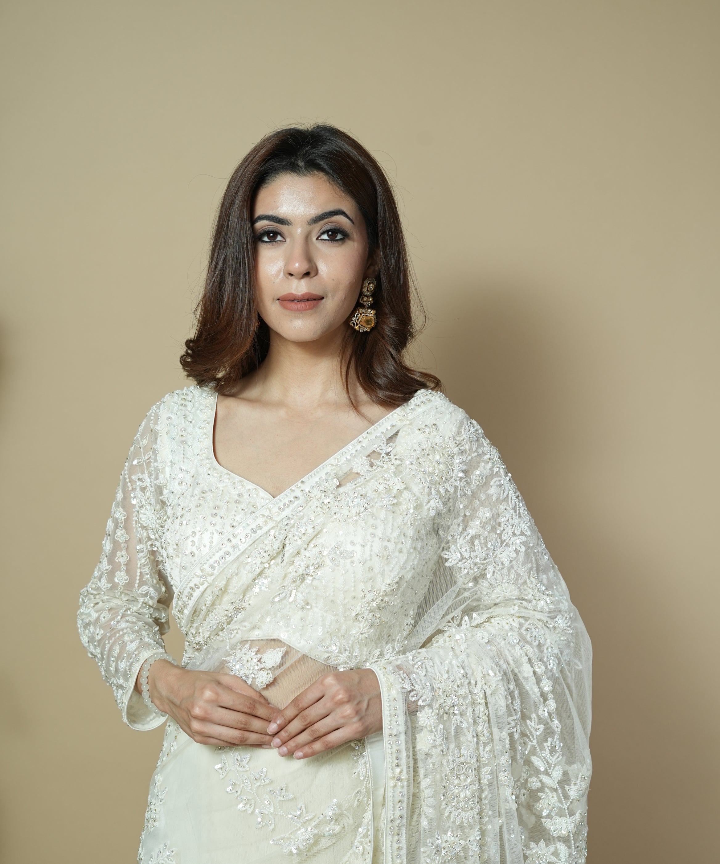 Pearl White Net Saree with Hand Embroidery & Stitched Blouse