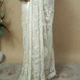 Pearl White Net Saree with Hand Embroidery & Stitched Blouse
