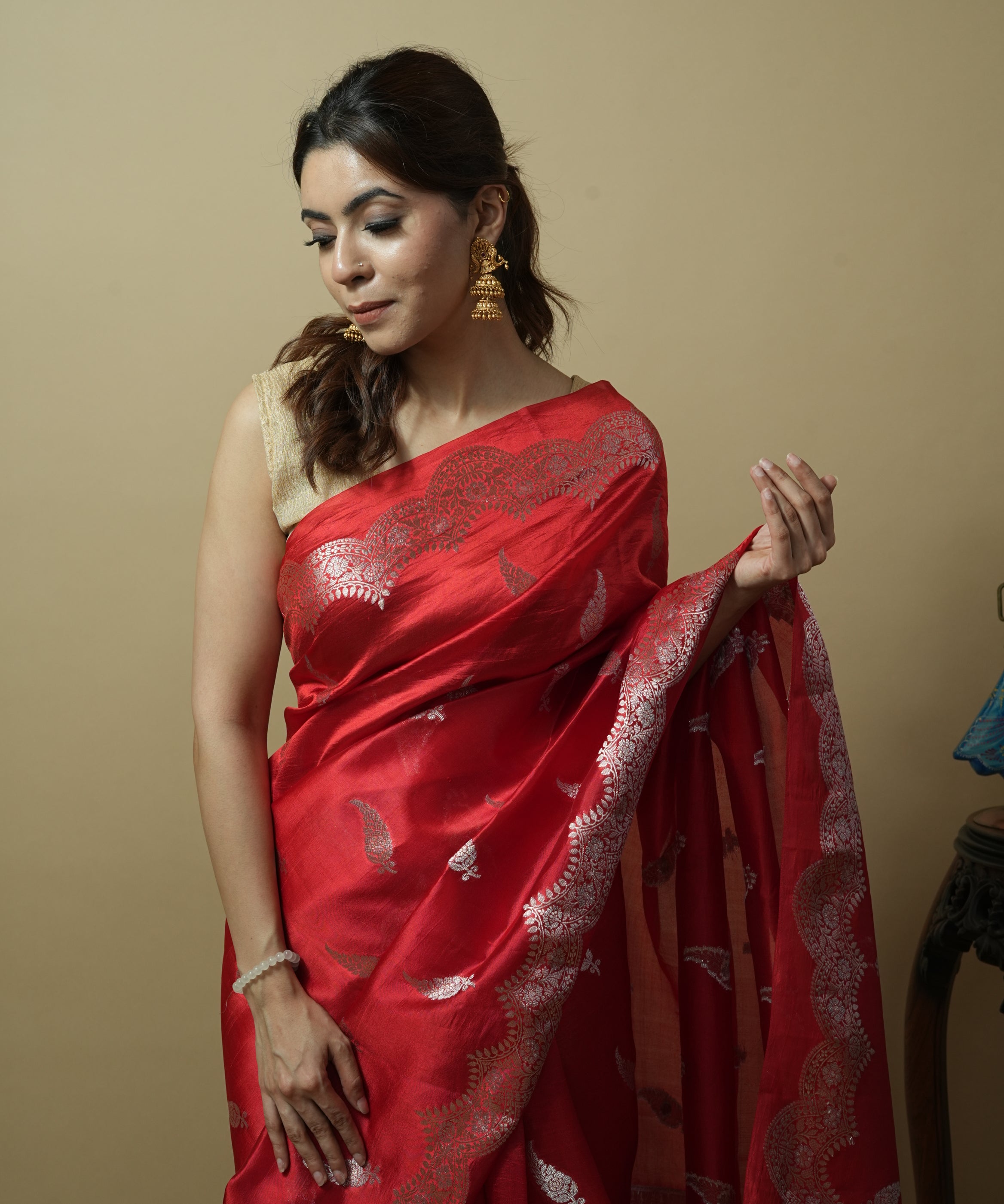 Pure Mango Silk Saree in Red with Gold Zari Weave & Rich Cutwork Pallu