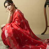 Pure Mango Silk Saree in Red with Gold Zari Weave & Rich Cutwork Pallu
