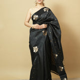 Black Pure Silk Handwoven Saree with Zari Buti & Satin Border