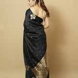 Black Pure Silk Handwoven Saree with Zari Buti & Satin Border