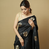 Black Pure Silk Handwoven Saree with Zari Buti & Satin Border