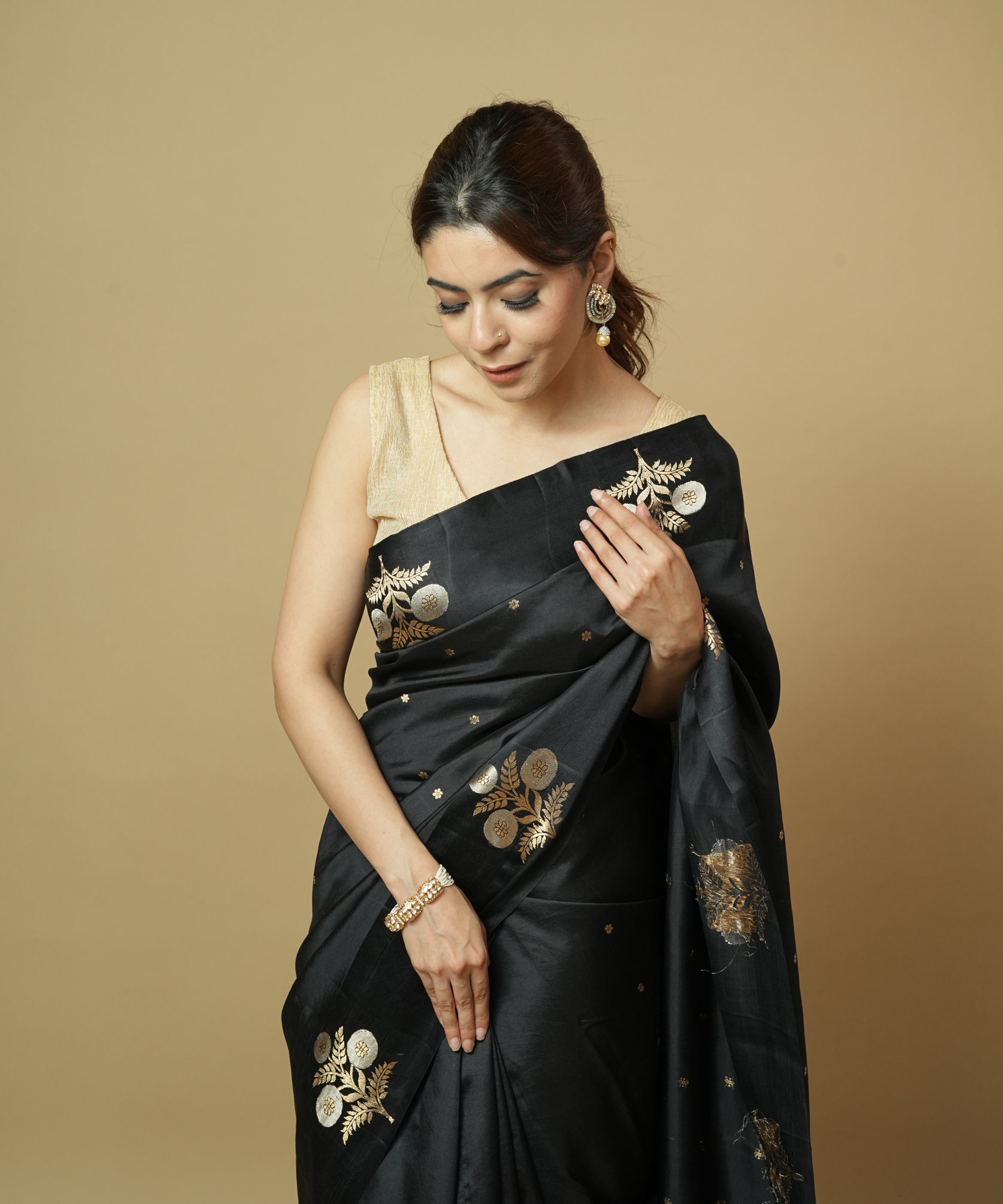 Black Pure Silk Handwoven Saree with Zari Buti & Satin Border