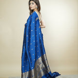 Blue Pure Mango Silk Handwoven Saree with Zari Buti & Satin Border
