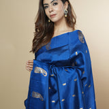 Blue Pure Mango Silk Handwoven Saree with Zari Buti & Satin Border