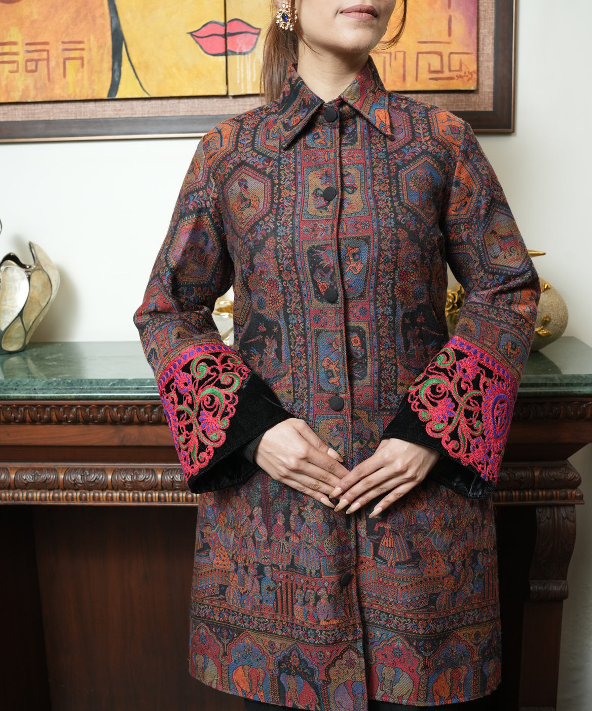 Elegant Black Pashmina Coat with Kashmiri Embroidery