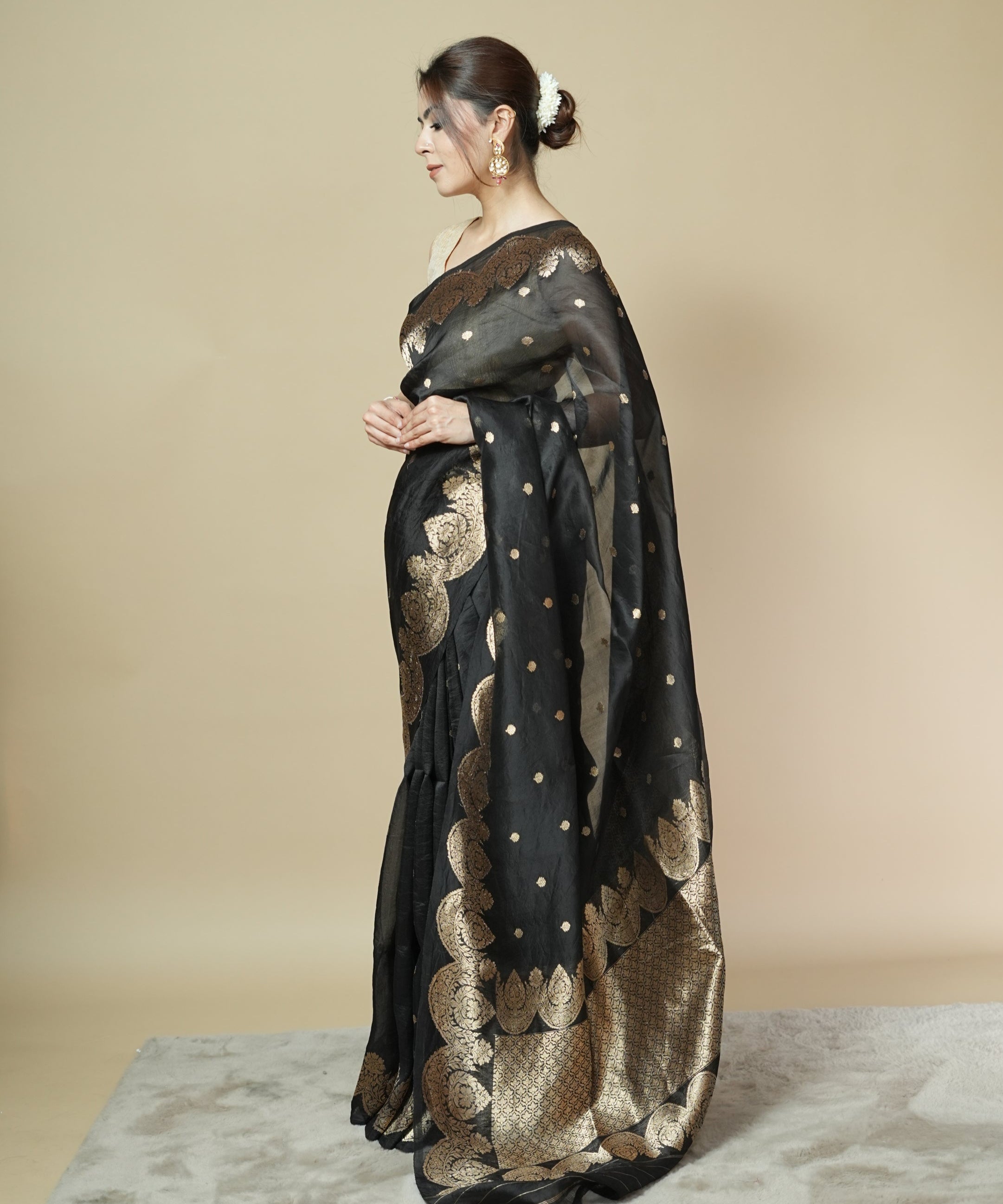 Black Pure Banarasi Organza Saree with Gold Zari Border