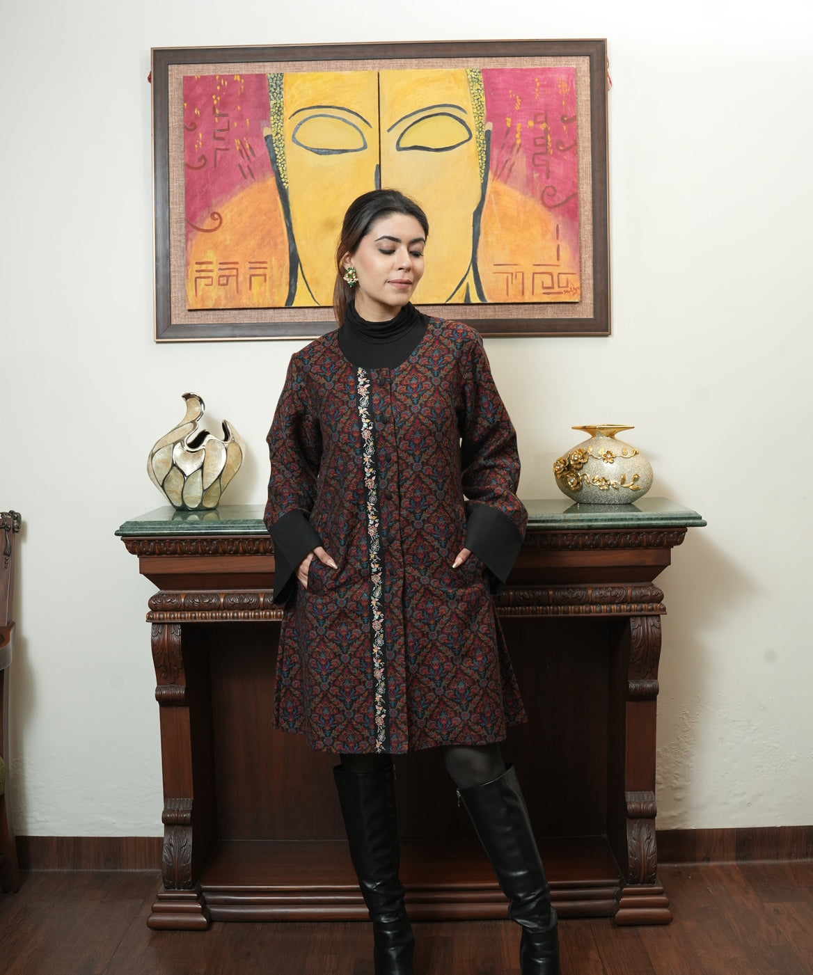 Black Embroidered Long Coat Set with Woven Elegance