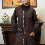 Black Embroidered Long Coat Set with Woven Elegance