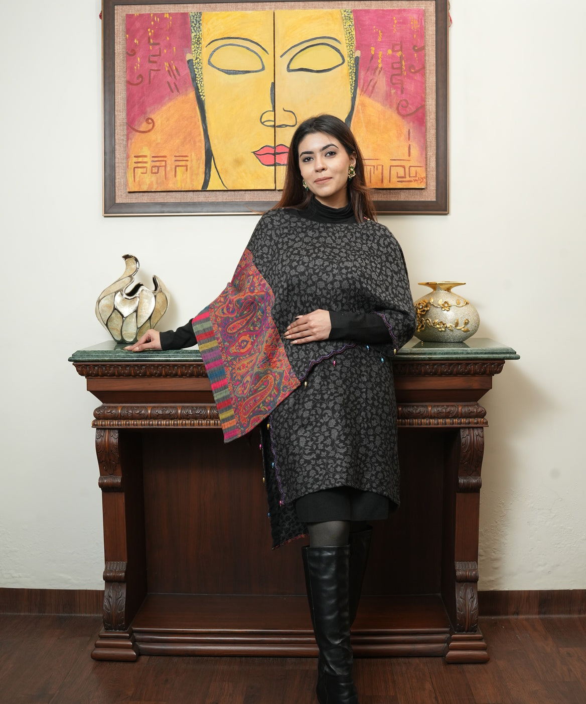 Versatile Hand-Embroidered Multi-Color Pashmina Cape