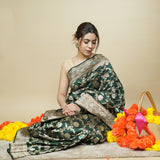 Pure Katan Silk Handloom Saree in Bottle Green with Zari Jaal & Floral Motifs