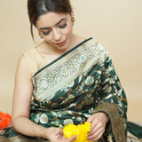 Pure Katan Silk Handloom Saree in Bottle Green with Zari Jaal & Floral Motifs