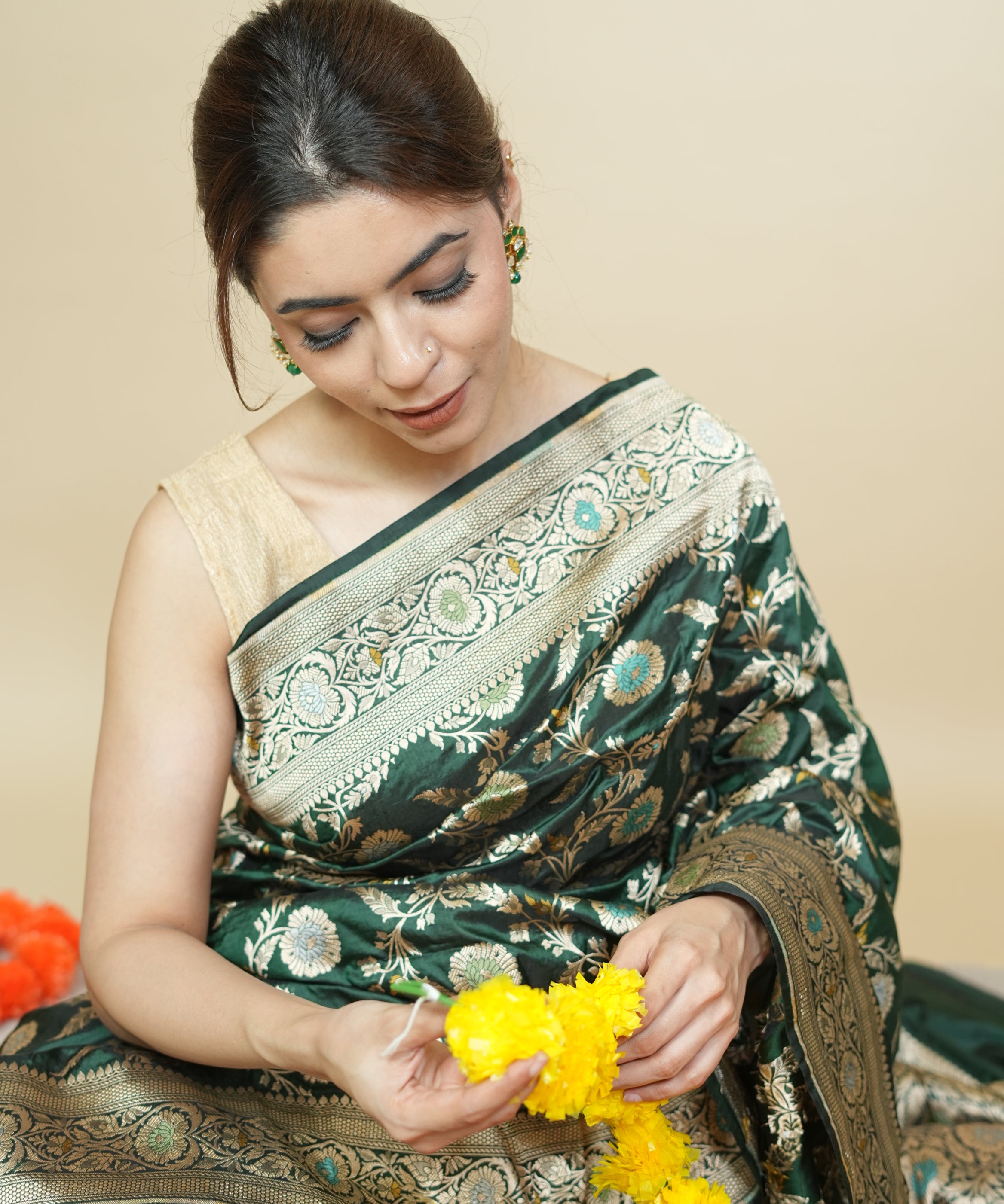 Pure Katan Silk Handloom Saree in Bottle Green with Zari Jaal & Floral Motifs