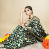 Pure Katan Silk Handloom Saree in Bottle Green with Zari Jaal & Floral Motifs