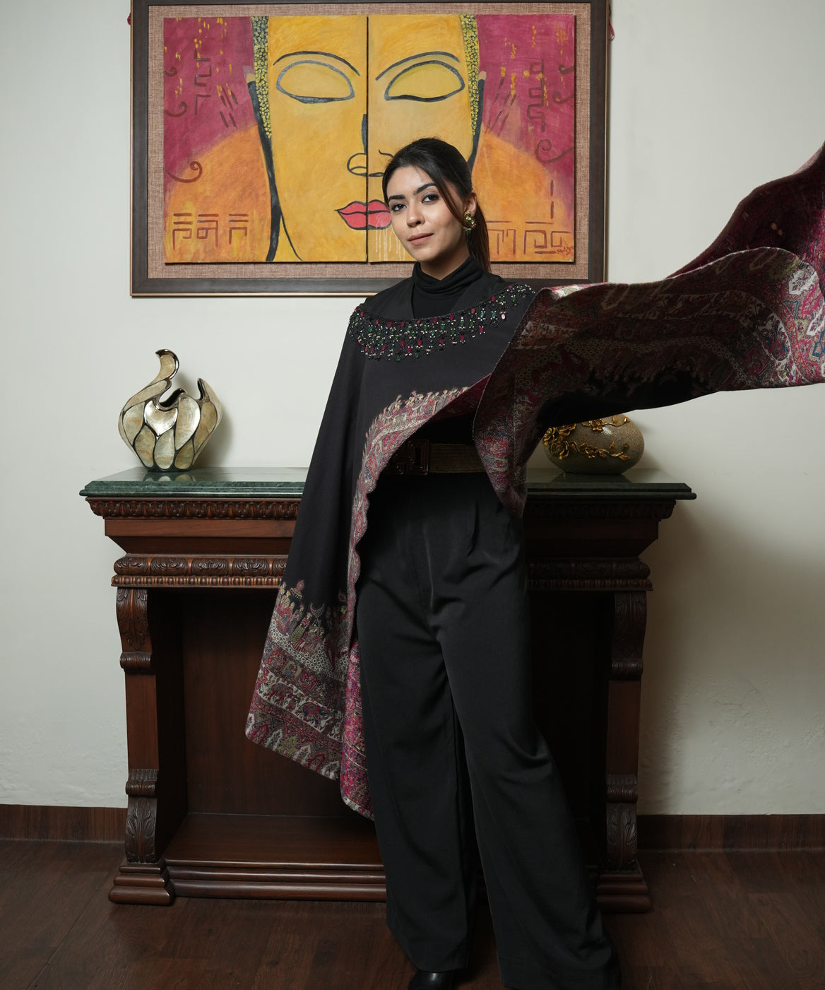 Versatile Hand-Embroidered Multi-Color Pashmina Cape
