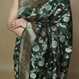 Pure Katan Silk Handloom Saree in Bottle Green with Zari Jaal & Floral Motifs