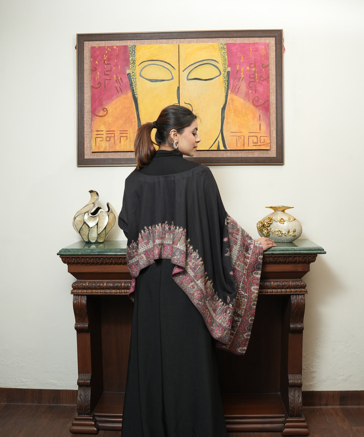Versatile Hand-Embroidered Multi-Color Pashmina Cape With Skirt