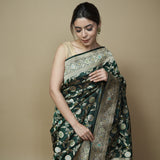 Pure Katan Silk Handloom Saree in Bottle Green with Zari Jaal & Floral Motifs