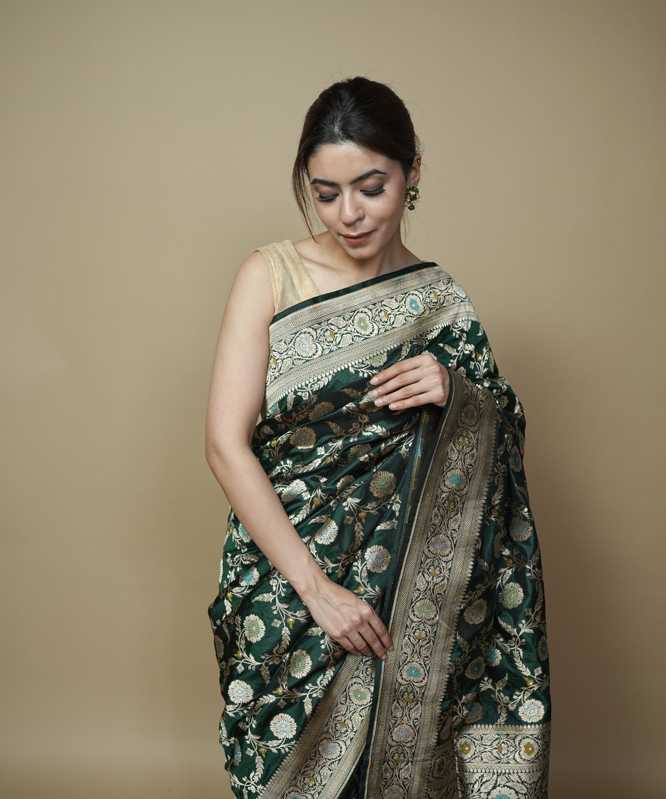 Pure Katan Silk Handloom Saree in Bottle Green with Zari Jaal & Floral Motifs